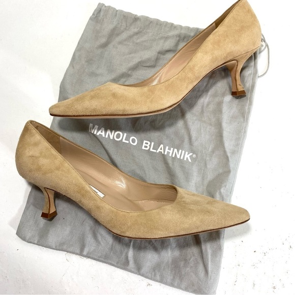 Manolo Blahnik Srila Suede Low-Heel Pump Nude Beige Tan Kitten Heel 40 - Picture 2 of 8